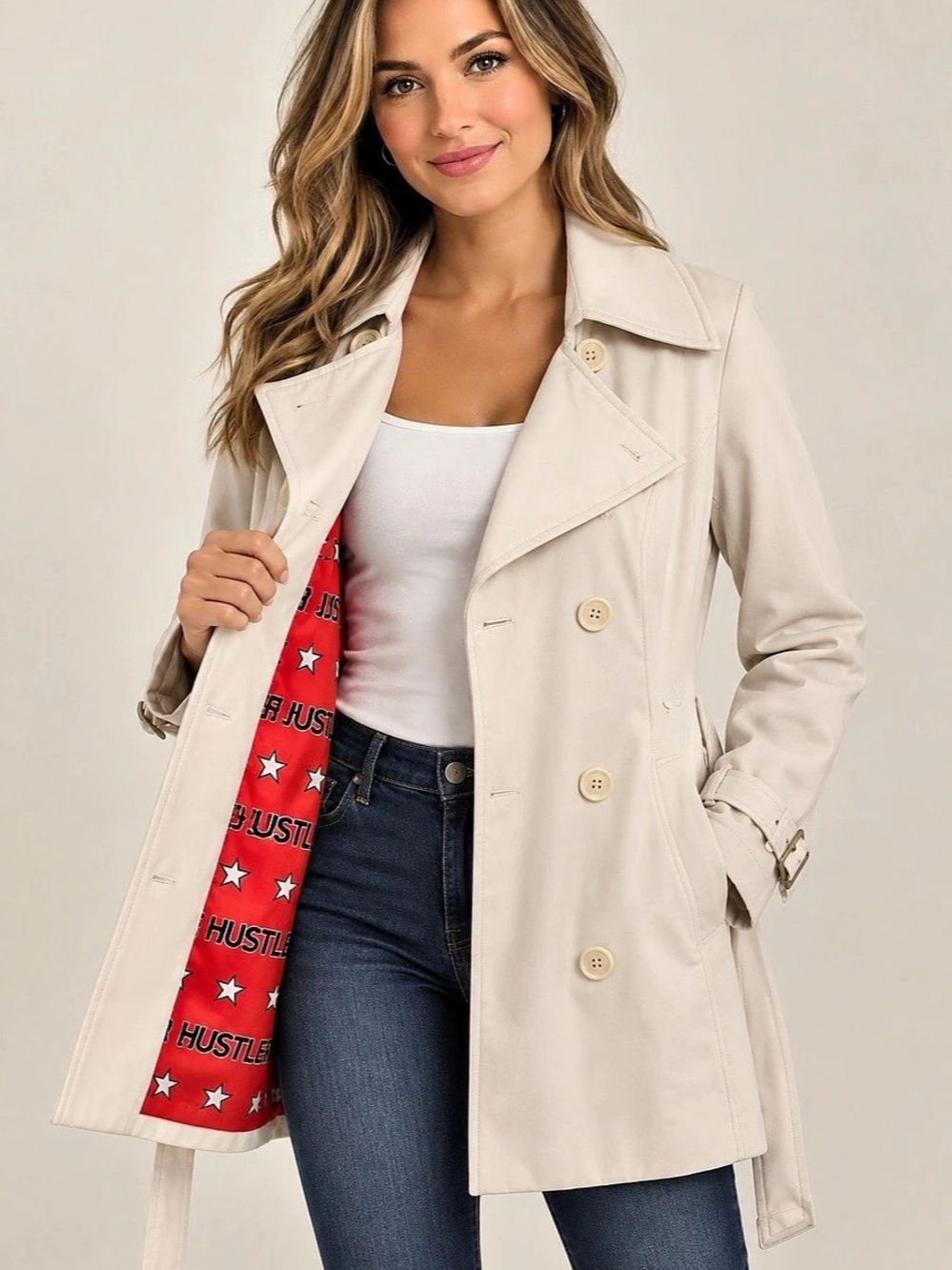 Hustler Women's Trench Coat With Belt  in Beige & Red Size Small/Medium Star